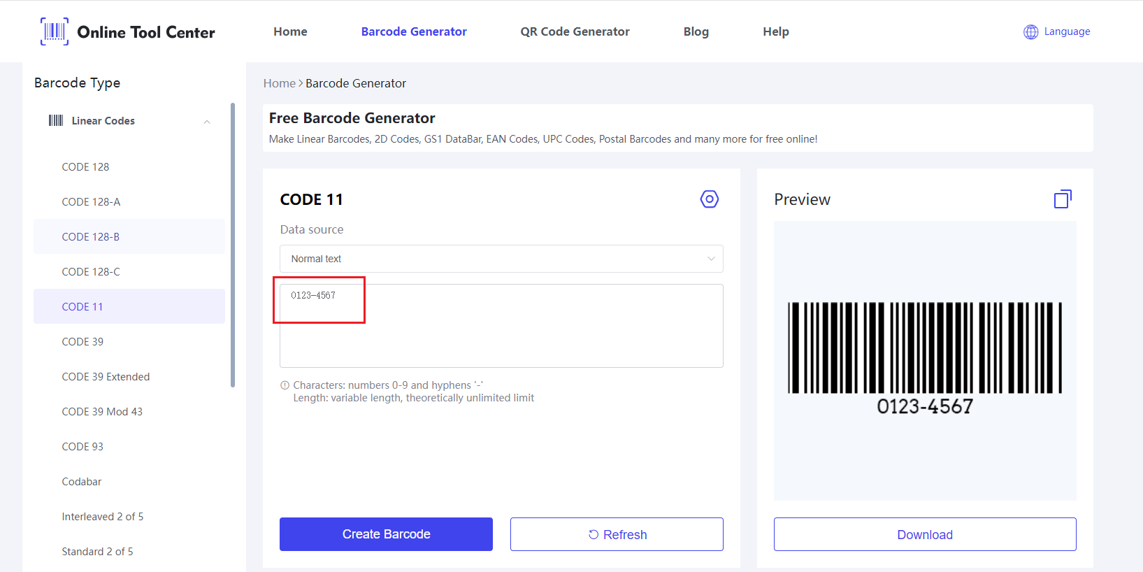 Syöttötiedot Code 11 Barcode Generator.png